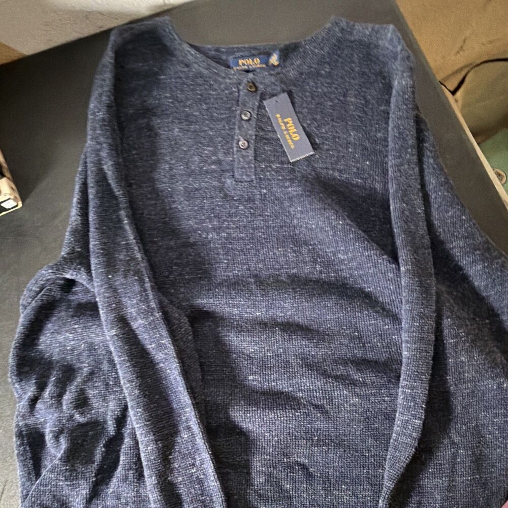 Polo Ralph Lauren Knit Cotton Henley Sweater Blue Solid Logo Men's XXL